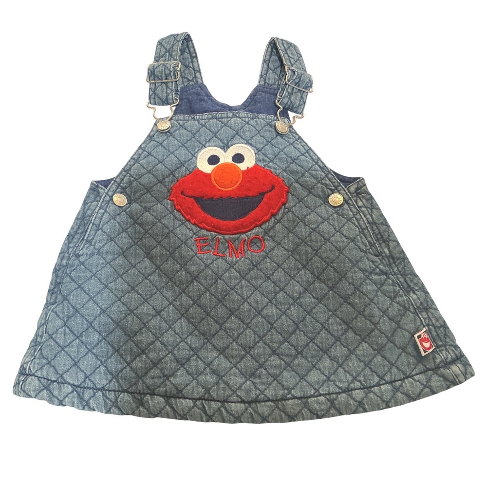 Sesame Street Elmo Vintage Quilted Denim Jumper Dress Blue 18M Kids Overall